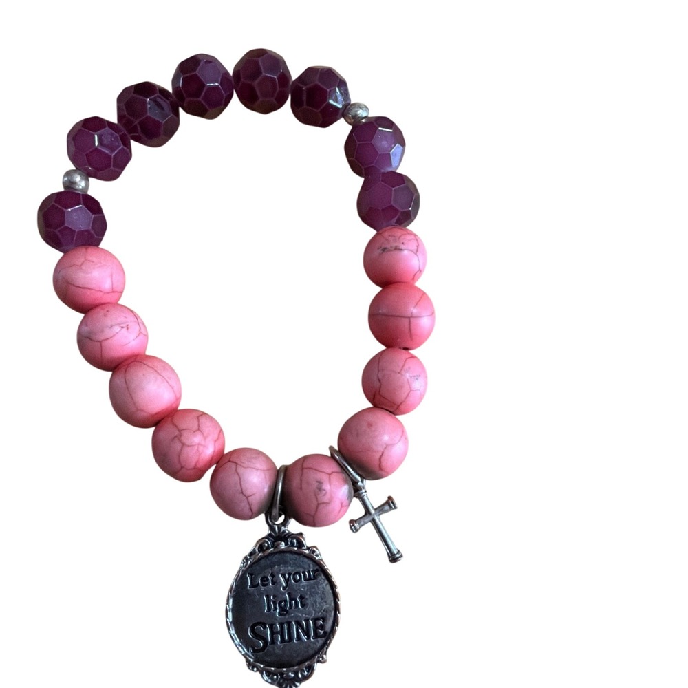 Inspirational Let Your Light Shine Cross Charm Beaded Stretch Bracelet Pink